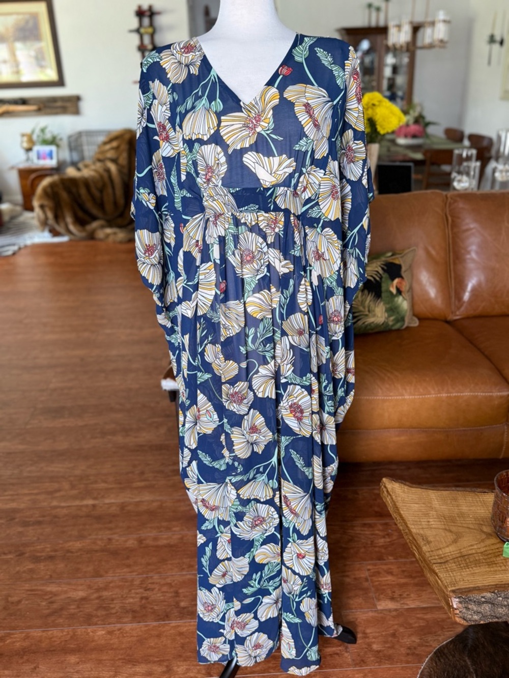 🌺 Unique Vintage Navy Floral Caftan Maxi Retro Dress
